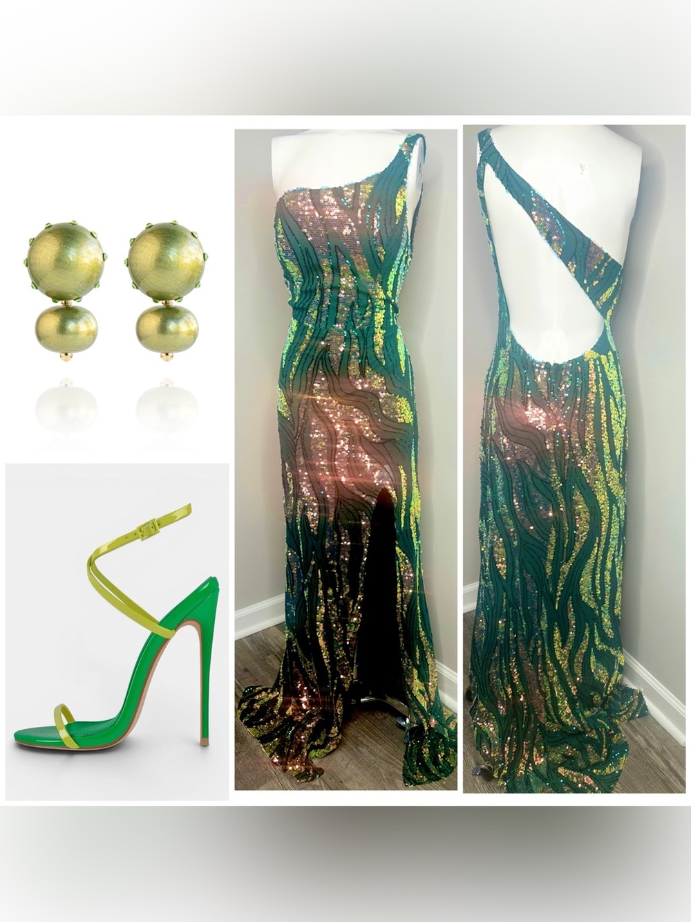 City Studio Green Sequin One-Shoulder Evening Gown 15/16